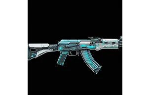 Stylizowany karabin AK-47 z niebieskim, niestandardowym malowaniem inspirowanym kosmetykami broni z CS2, wyświetlany na ciemnym tle, aby podkreślić prezentację cyfrowych malowań w stylu marketplace.