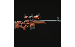 Szczegółowo odwzorowany karabin snajperski AWP z dekoracyjnym pomarańczowym wzorem, prezentowany jako kolekcjonerski przedmiot kosmetyczny z CS2, często oferowany na rynkach handlu skórkami.