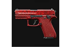 Półautomatyczny pistolet z wyrazistym czerwonym wykończeniem naboju, stylizowany na kolekcjonerską skórkę broni CS2, nadającą się do prezentacji na rynku.